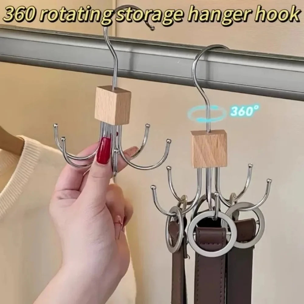 360° Rotating Belt & Accessory Hanger – Multi-Hook Closet Organizer, Wood & Metal