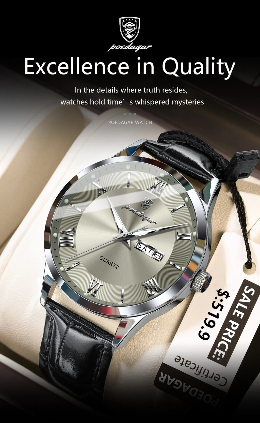 POEDAGAR 978-D Men’s Day-Date Dress Watch