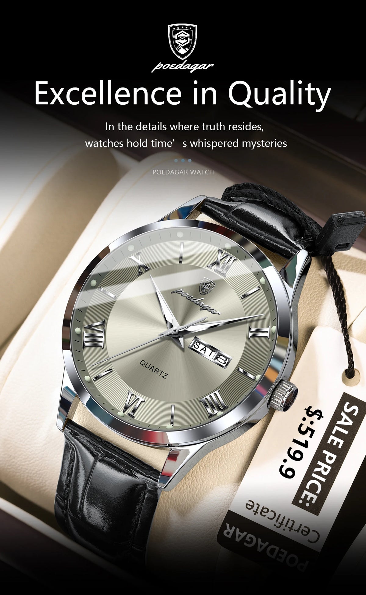 POEDAGAR 978-D Men’s Day-Date Dress Watch