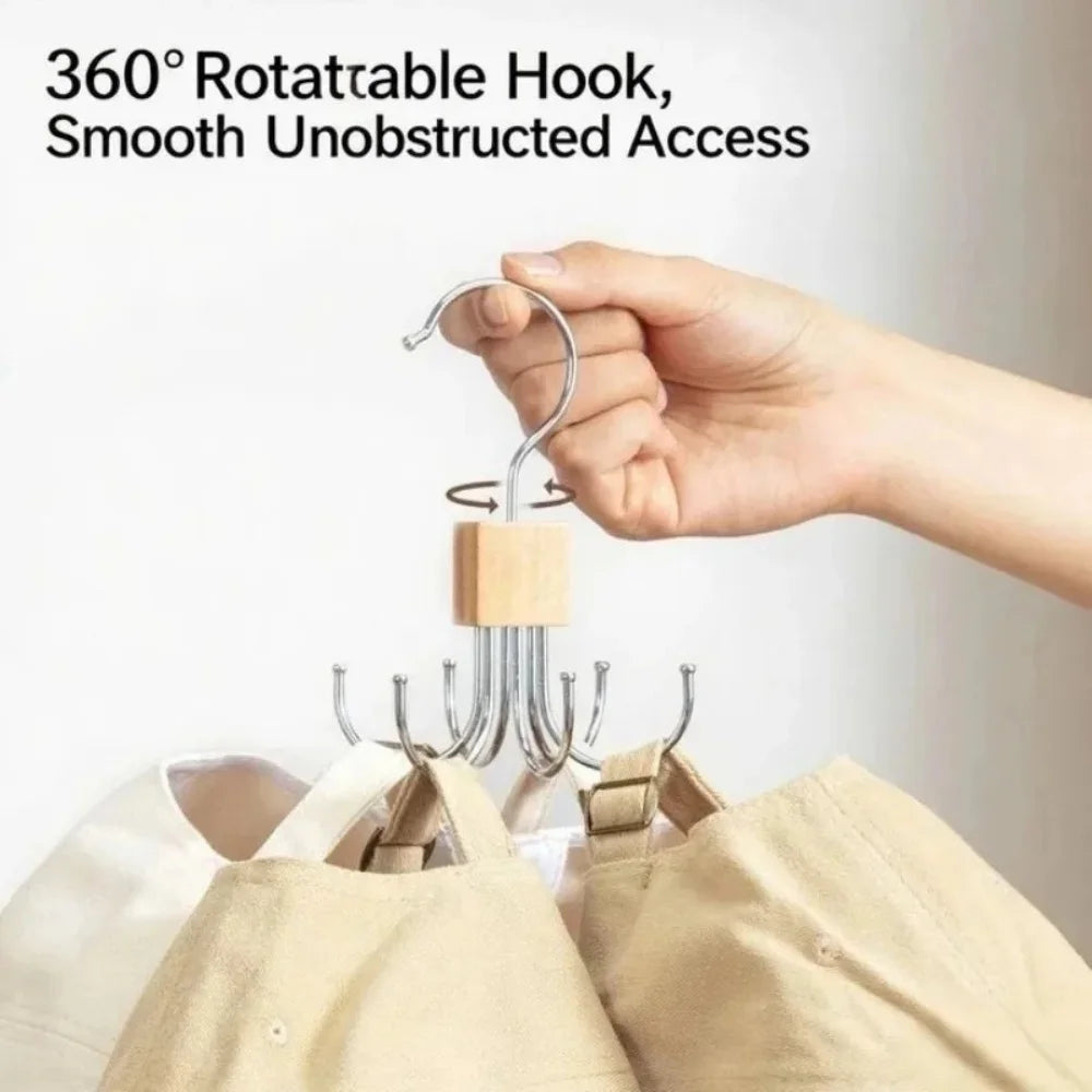 360° Rotating Belt & Accessory Hanger – Multi-Hook Closet Organizer, Wood & Metal