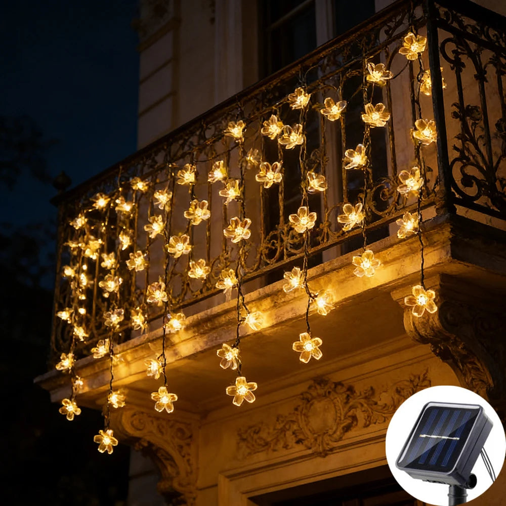 Solar Cherry Blossom String Lights – Sakura Fairy LED Garland for Garden, Wedding & Outdoor Decor (5M/7M/12M)