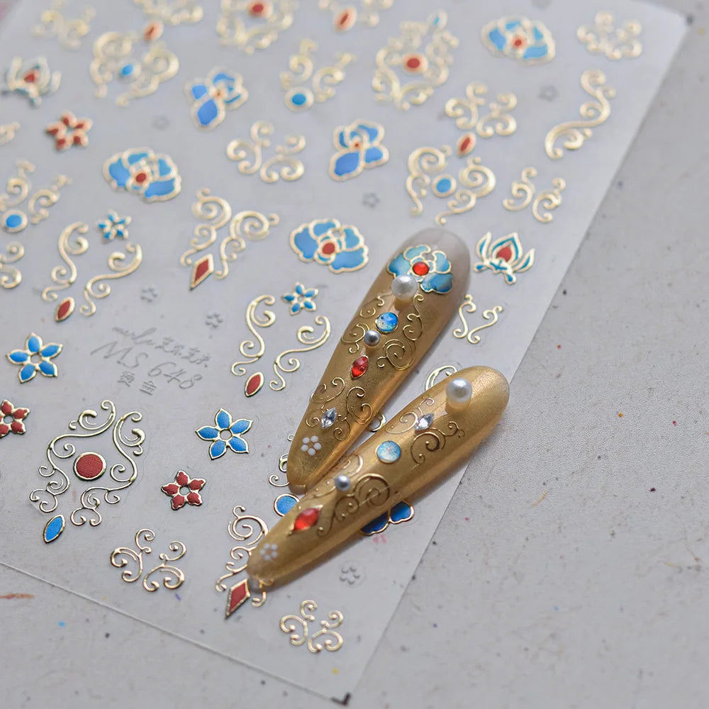 5D Luxury Nail Art Stickers – Gold Gemstone & Courtly Pattern Manicure Decals