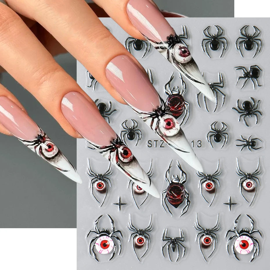 2pcs 3D Spider Stickers Nail Decals Halloween Black Spider Eye Nail Art Decorations 5D Embossed Adhesive Sliders Design Manicure