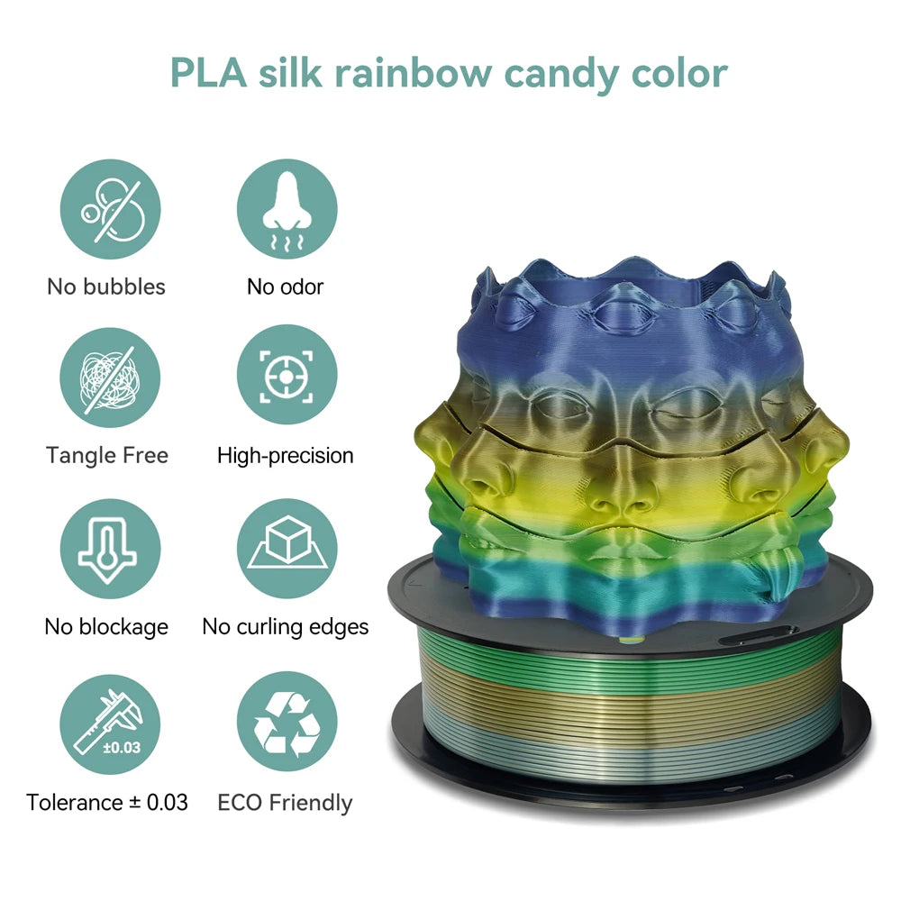 KINGROON Rainbow Silk PLA Filament – 1.75 mm, 2.2 lb (1 kg)
