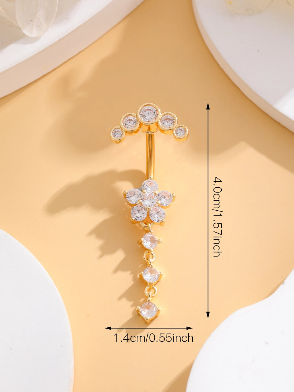 Long Dangled Flower Crystals Belly Button Rings Sexy Curved Navel Piercing for Women Girls 5 Zircons Belly body Jewelry 1 Piece