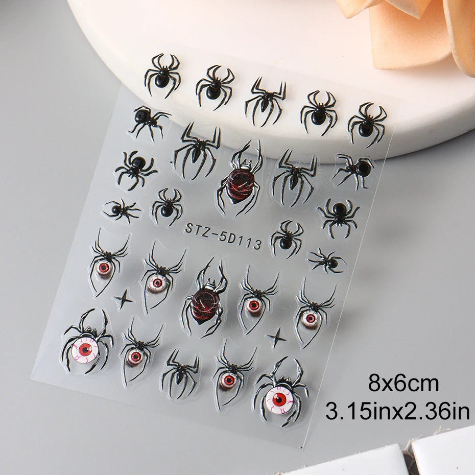2pcs 3D Spider Stickers Nail Decals Halloween Black Spider Eye Nail Art Decorations 5D Embossed Adhesive Sliders Design Manicure