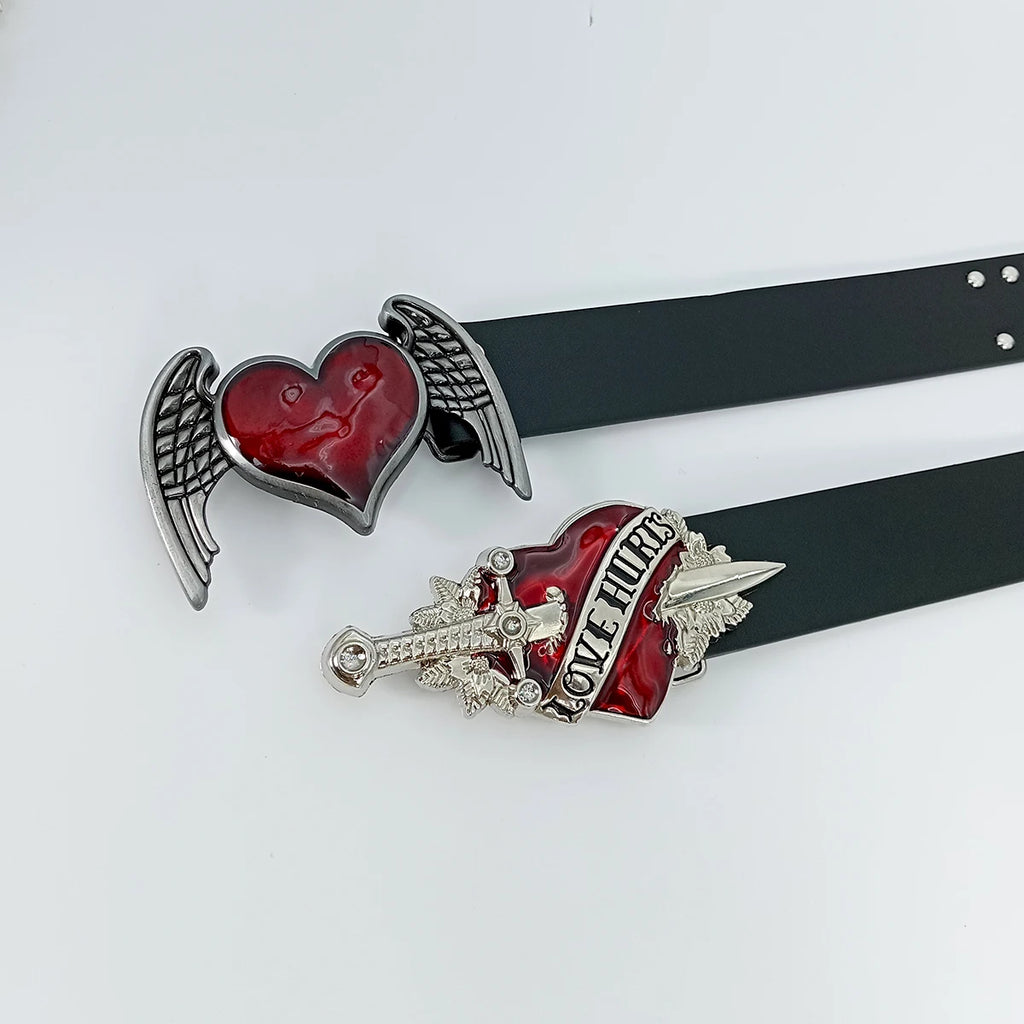 Studded Faux Leather Belt with Red Heart Buckle