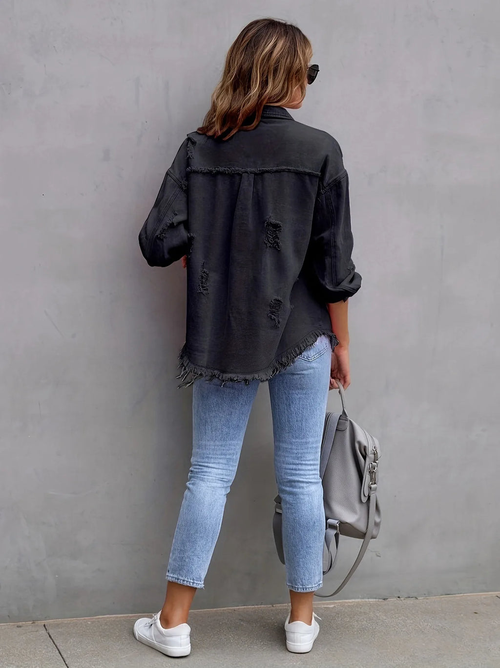 Women’s Distressed Button-Front Denim Jacket