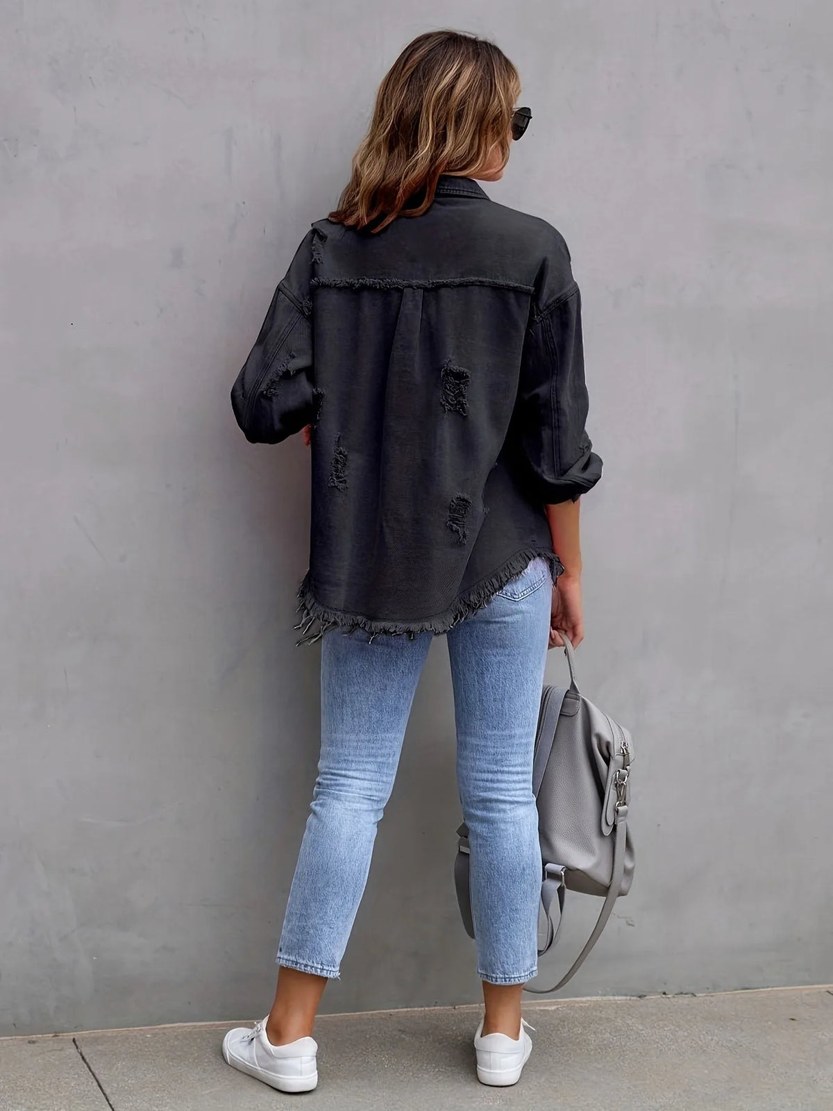 Women’s Distressed Button-Front Denim Jacket