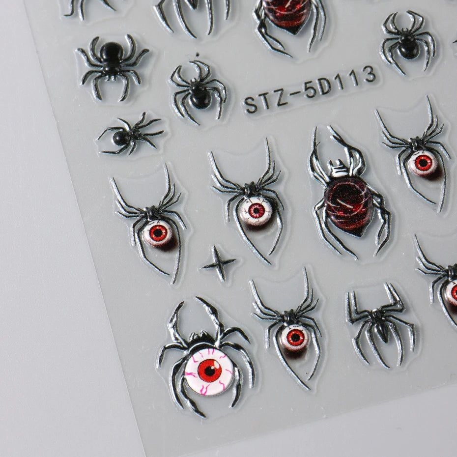 2pcs 3D Spider Stickers Nail Decals Halloween Black Spider Eye Nail Art Decorations 5D Embossed Adhesive Sliders Design Manicure