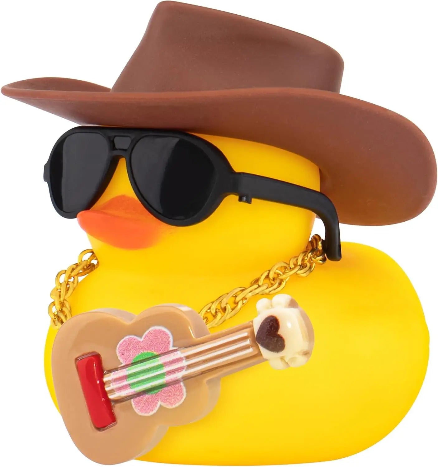 Rubber Duck Car Decor with Straw Hat, Gold Sunglasses, Necklace,Squeaky Dashboard Accessories, Decor Duck for Car
