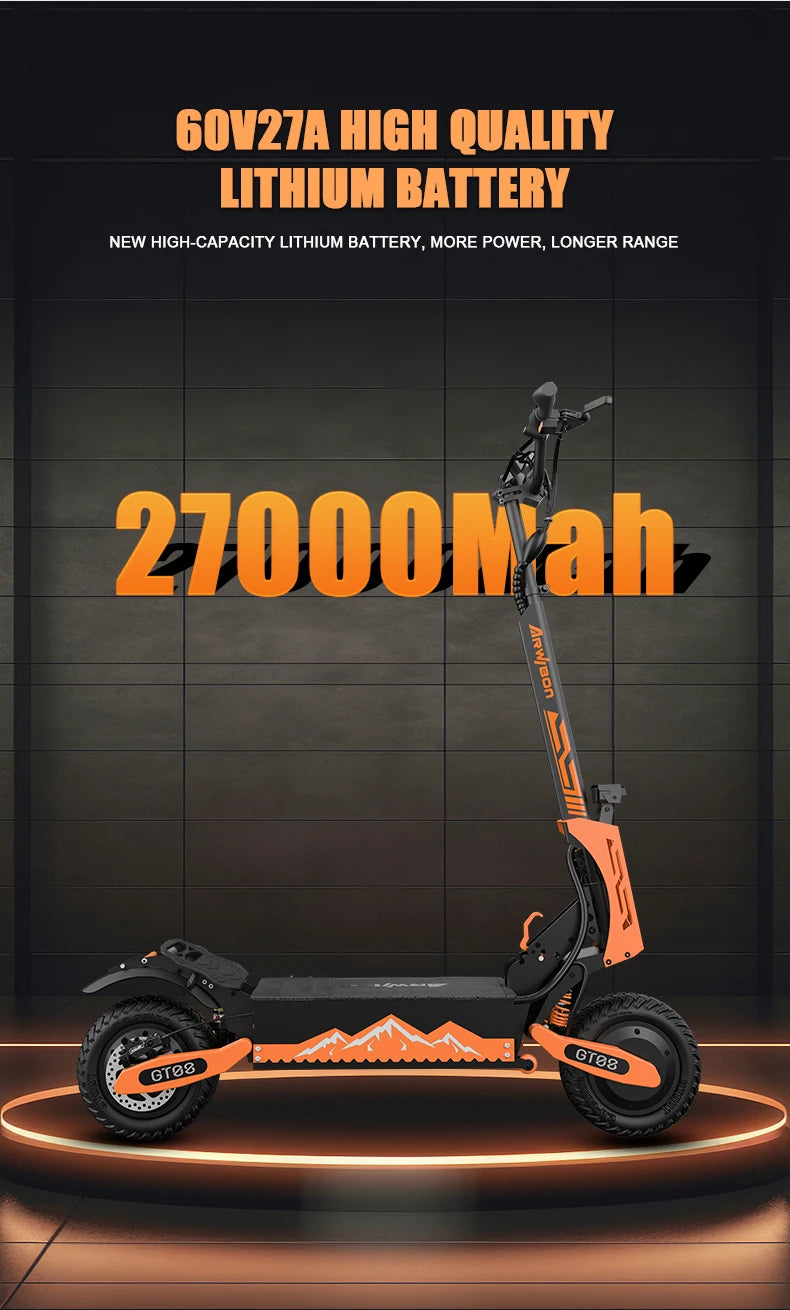 Arwibon GT08 5600W Dual Motor Electric Scooter – 46 MPH Top Speed, 60V 27Ah, 11" Off-Road Tires, Foldable, CE Certified
