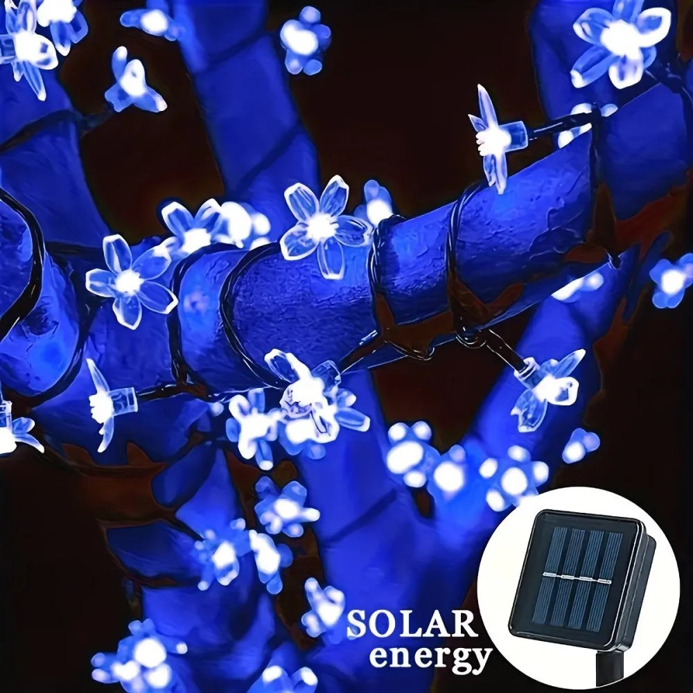 Solar Cherry Blossom Outdoor String Lights, Floral LED Fairy Lights for Yard Tree, Balcony, Backyard Landscape Festival Decor