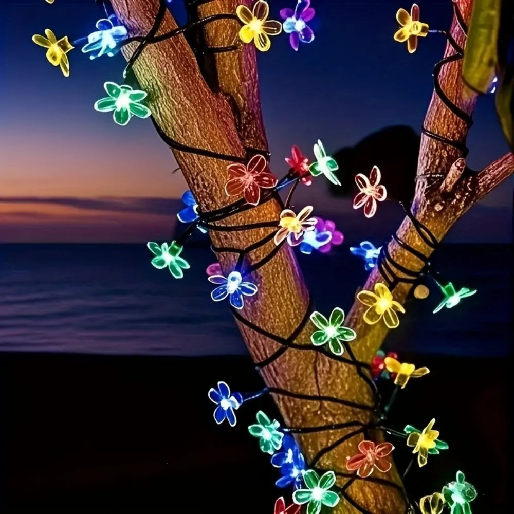 Solar Cherry Blossom Outdoor String Lights, Floral LED Fairy Lights for Yard Tree, Balcony, Backyard Landscape Festival Decor