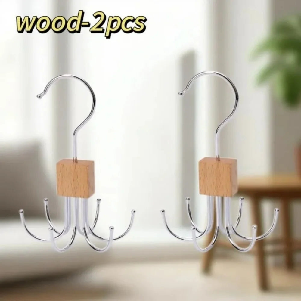 360° Rotating Belt & Accessory Hanger – Multi-Hook Closet Organizer, Wood & Metal