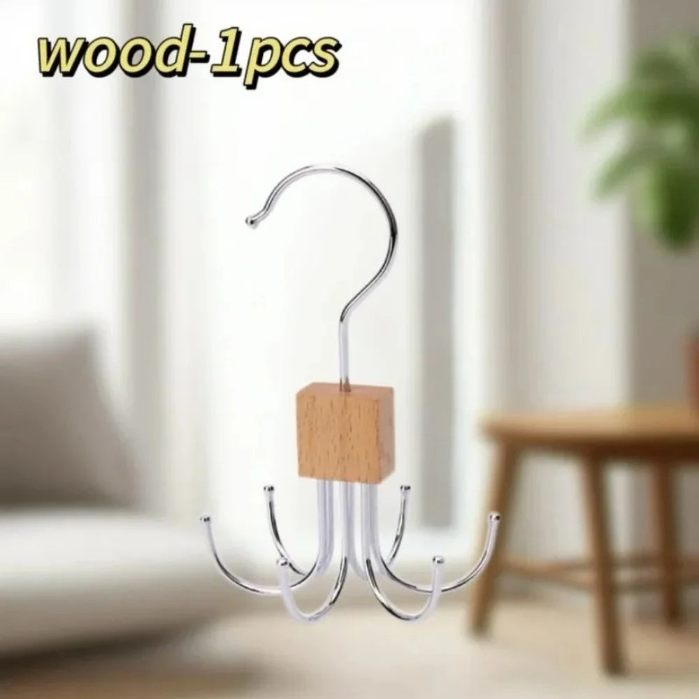 360° Rotating Belt & Accessory Hanger – Multi-Hook Closet Organizer, Wood & Metal