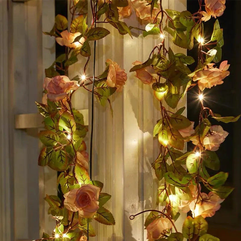 2M 5M LED Rose Flower String Lights Simulation Vine Leaf Fairy Light Christmas Decoration Garland Lamp for Room Wedding Garden