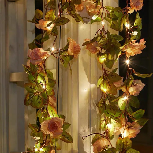 2M 5M LED Rose Flower String Lights Simulation Vine Leaf Fairy Light Christmas Decoration Garland Lamp for Room Wedding Garden