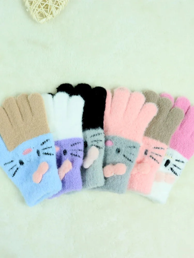 Kids’ Color-Block Cat Knit Gloves