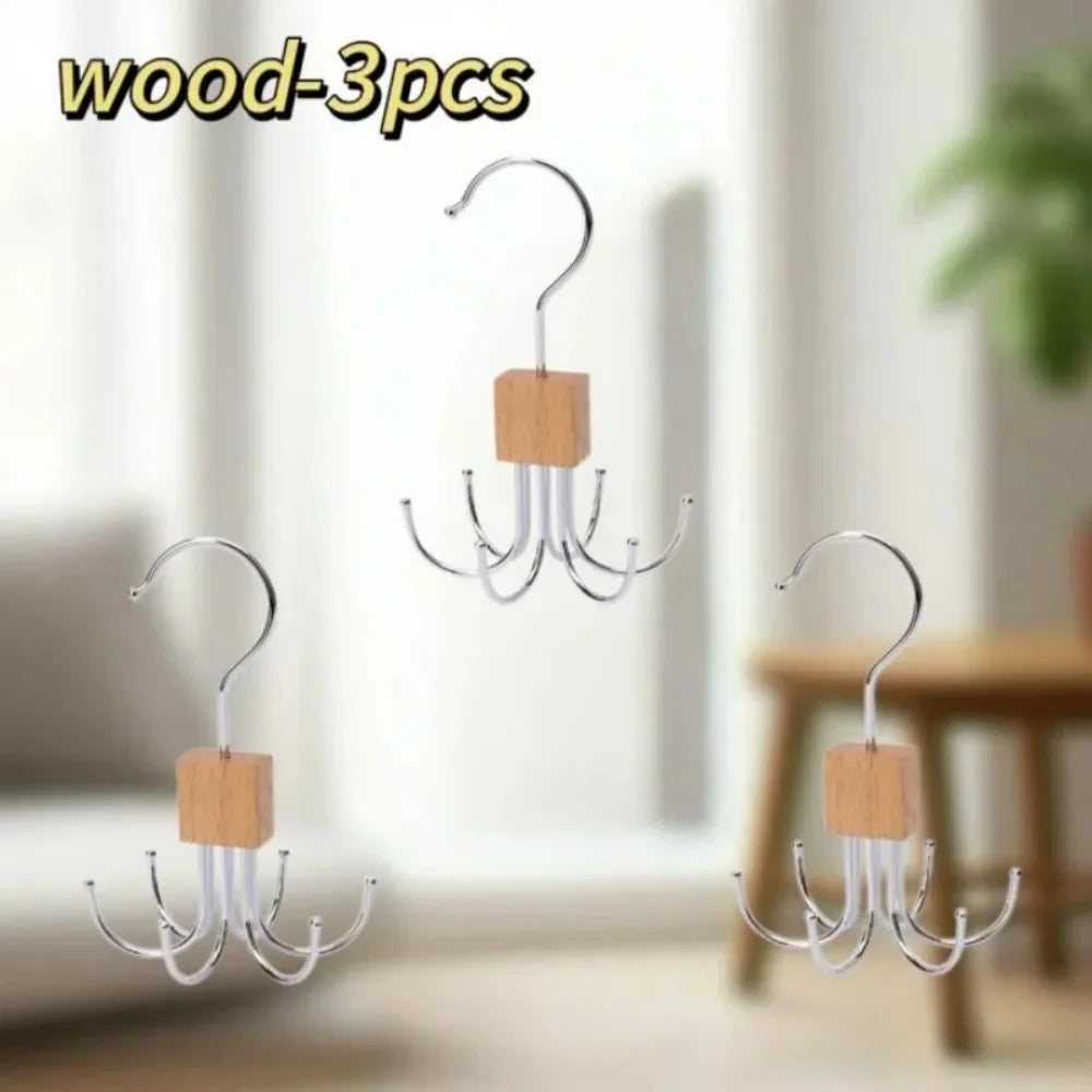 360° Rotating Belt & Accessory Hanger – Multi-Hook Closet Organizer, Wood & Metal