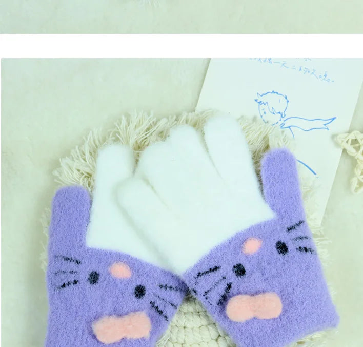 Kids’ Color-Block Cat Knit Gloves