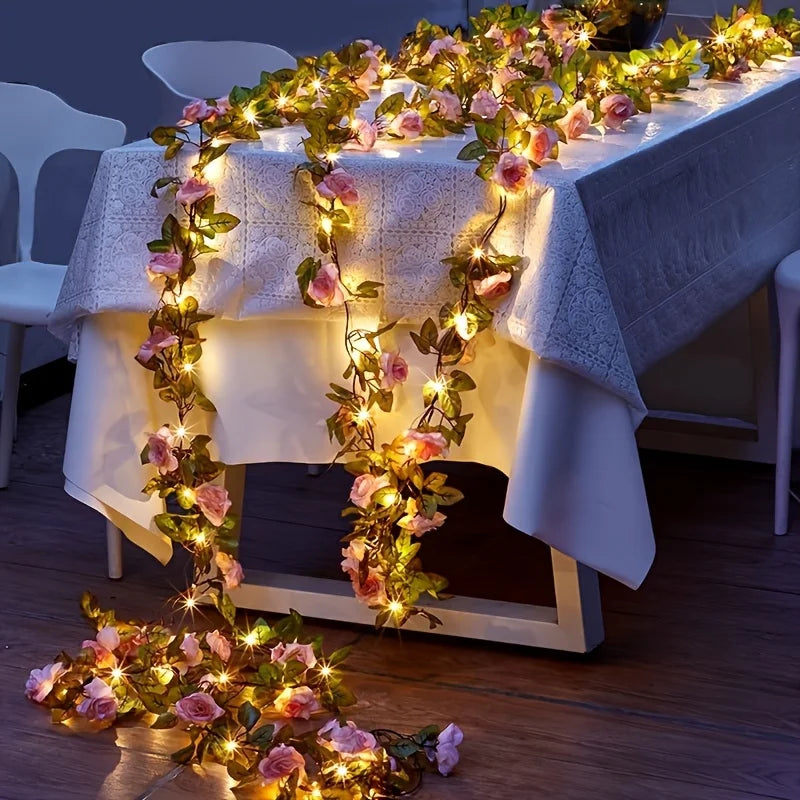 5M 50LED Rose Vine String Lights Solar Powered Artificial Flower Fairy Light for Garden Patio Bedroom Wedding Christmas Decor