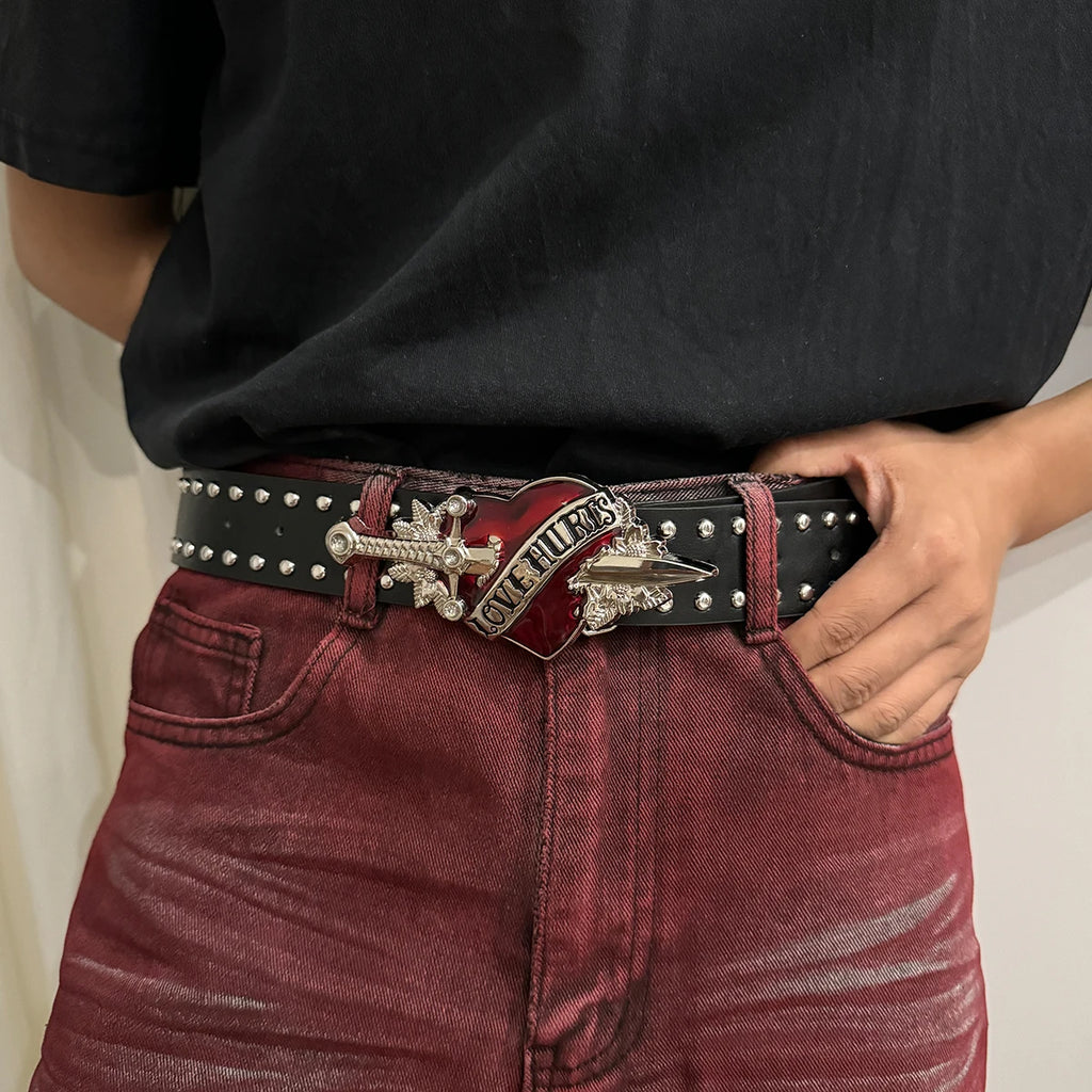 Studded Faux Leather Belt with Red Heart Buckle