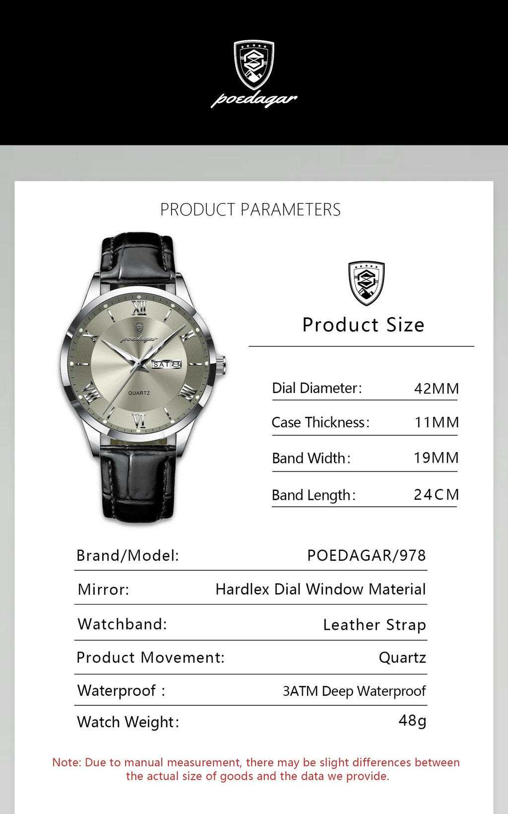 POEDAGAR 978-D Men’s Day-Date Dress Watch