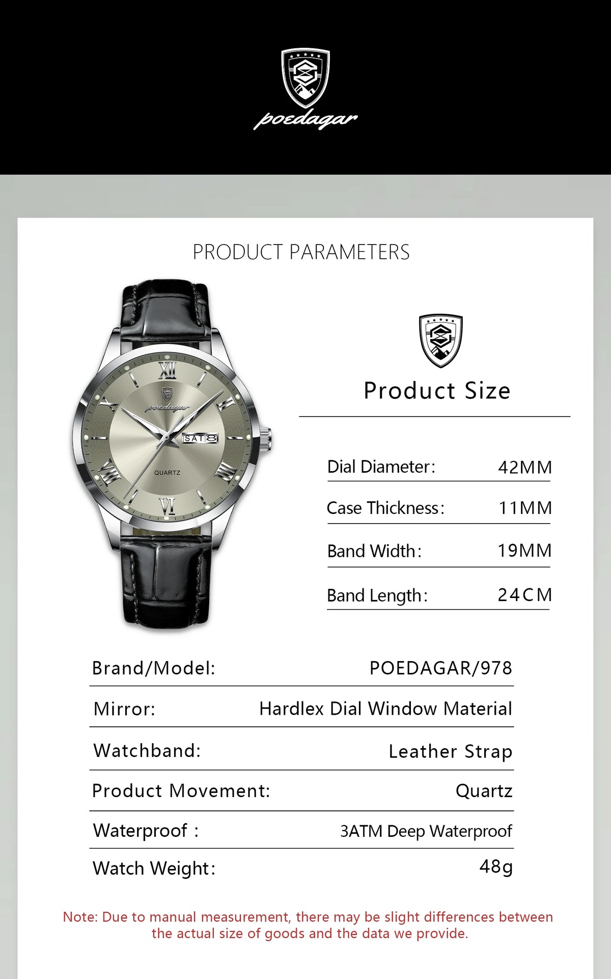 POEDAGAR 978-D Men’s Day-Date Dress Watch