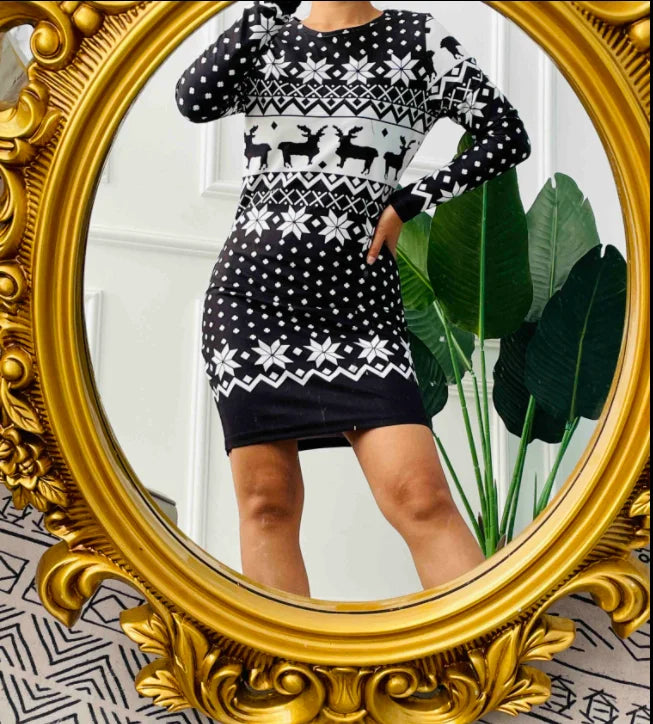 Women's Christmas Mini Dress – Snowflake & Elk Print, Long Sleeve, Skinny A-Line O-Neck, Festive Casual Wear