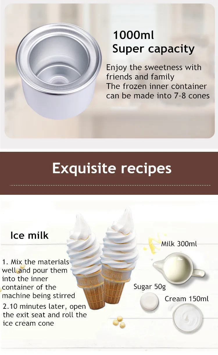 Mini Soft Ice Cream Machine – 1L Home Ice Cream Maker, Simple One-Button Operation, Makes ~8 Cones, CE Certified