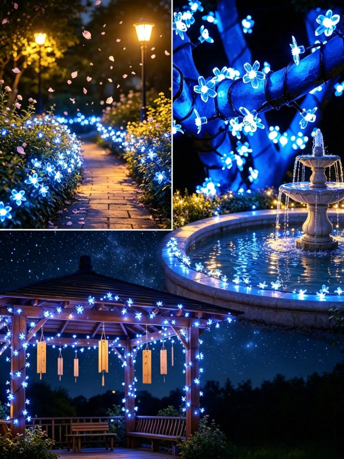 12m/7m/5m Solar-Powered Cherry Blossom Outdoor Decorative String Lights, Suitable for Use with Garden Furniture.