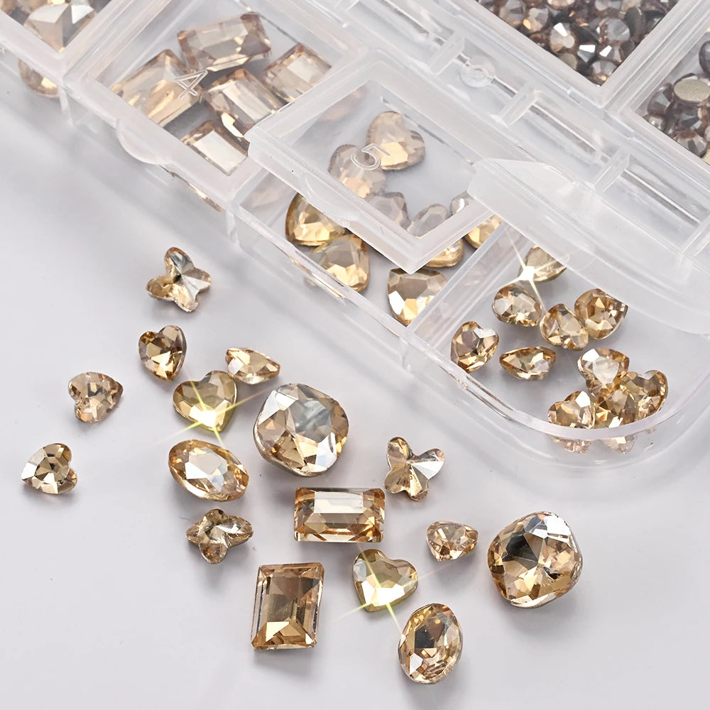 12 Grids 3D Champagne Nail Art Rhinestones Mixed Round,Fat Square,Heart,Butterfly Glass Diamond Nail Charms DIY Manicure Decor *
