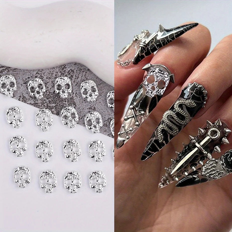 20pcs Alloy Skull Nail Charms Decoration Punk Gothic Skeleton Design Metallic Halloween Holiday 2025 Design Manicure Accessories