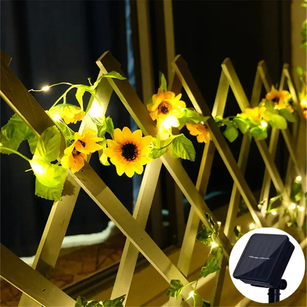 2/5/10M Solar Sunflower Light String Outdoor Fairy Lamp 8 Mode Artificial Plant Leaf for Wedding Camping Garden Fence Decoration