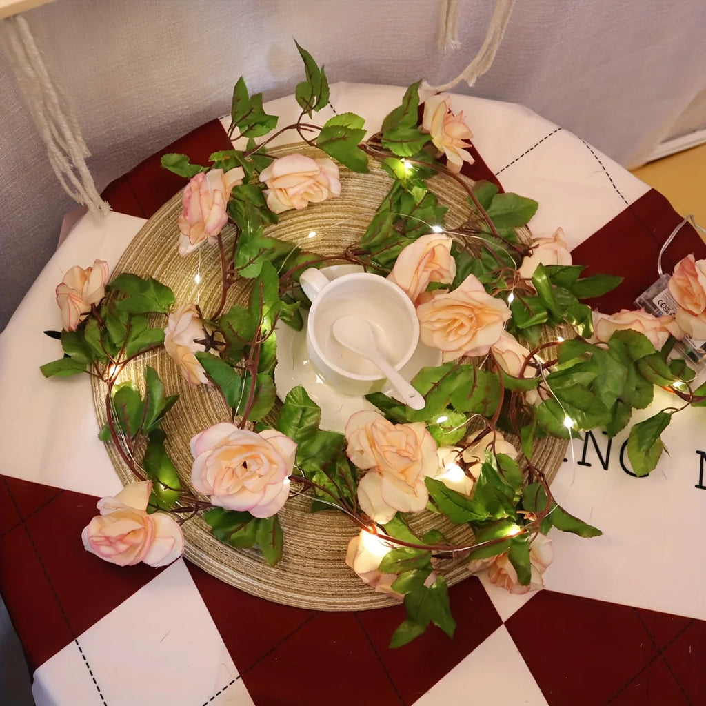 LED Rose Garland String Lights Battery Powered Fabric Flower String Light Suitable for Home Decoration Seasonal Parties
