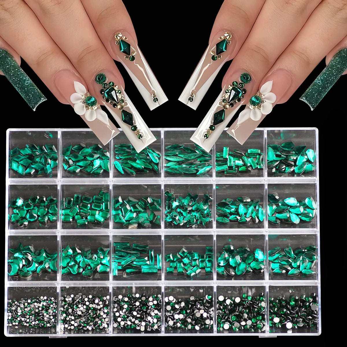 1 Box of Multi -Shaped 3D Nail Diamond Kits -24 AB Crystal Gem Grids, Flat -Bottom Nail Art Accessories Multi -Style Nail Suppli