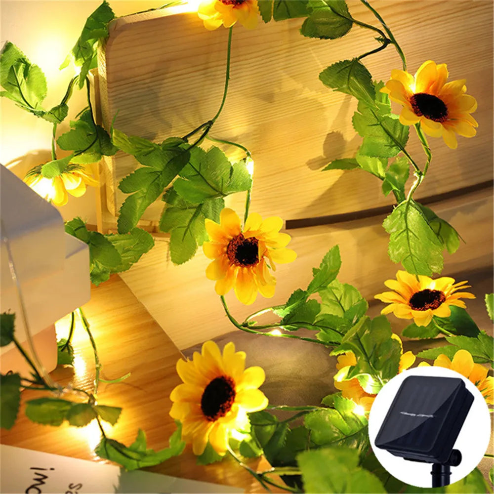 2/5/10M Solar Sunflower Light String Outdoor Fairy Lamp 8 Mode Artificial Plant Leaf for Wedding Camping Garden Fence Decoration