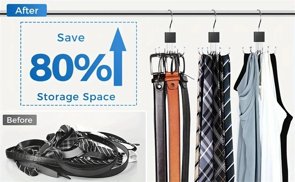 360° Rotating Belt & Accessory Hanger – Multi-Hook Closet Organizer, Wood & Metal