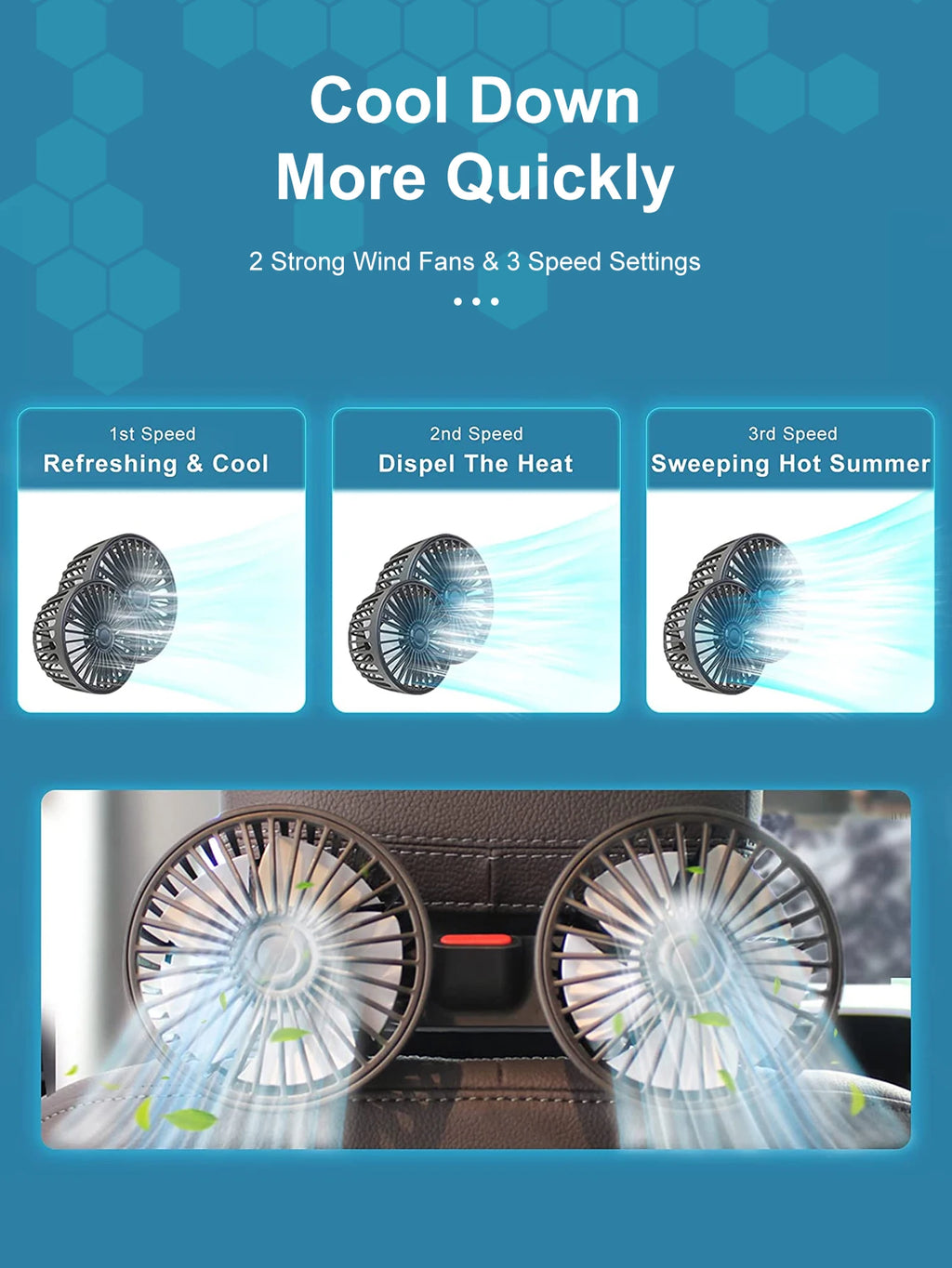 Dual-Head Car Backseat Fan with 3 Speeds