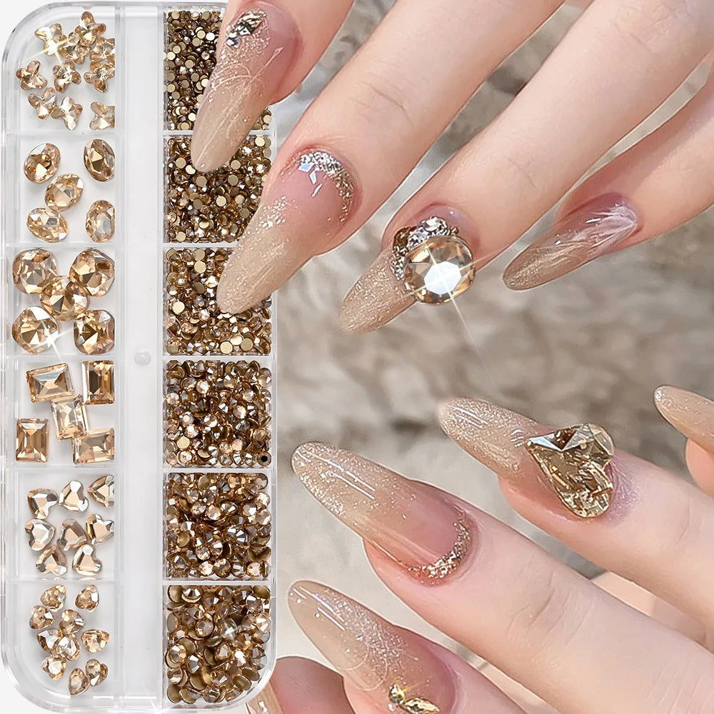 12 Grids 3D Champagne Nail Art Rhinestones Mixed Round,Fat Square,Heart,Butterfly Glass Diamond Nail Charms DIY Manicure Decor *