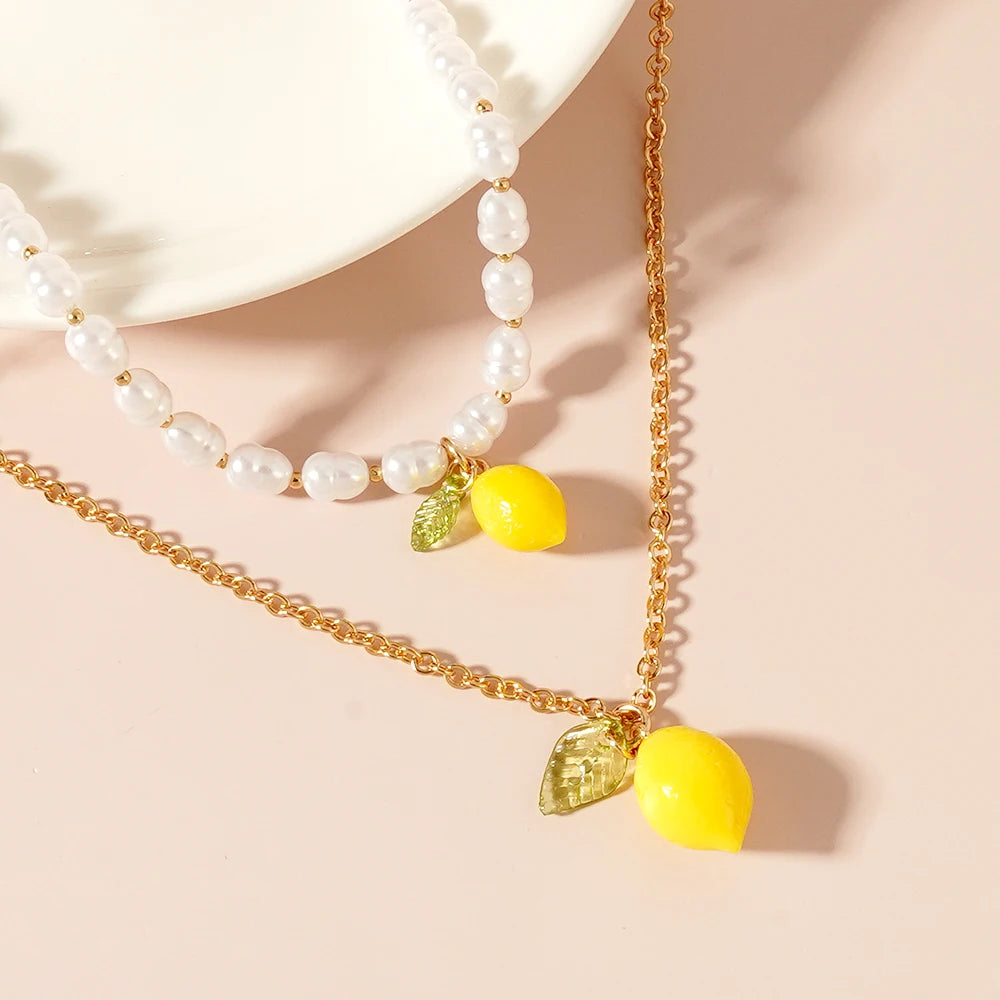 Lemon Charm Necklace with Pearl-Look Bead Styling