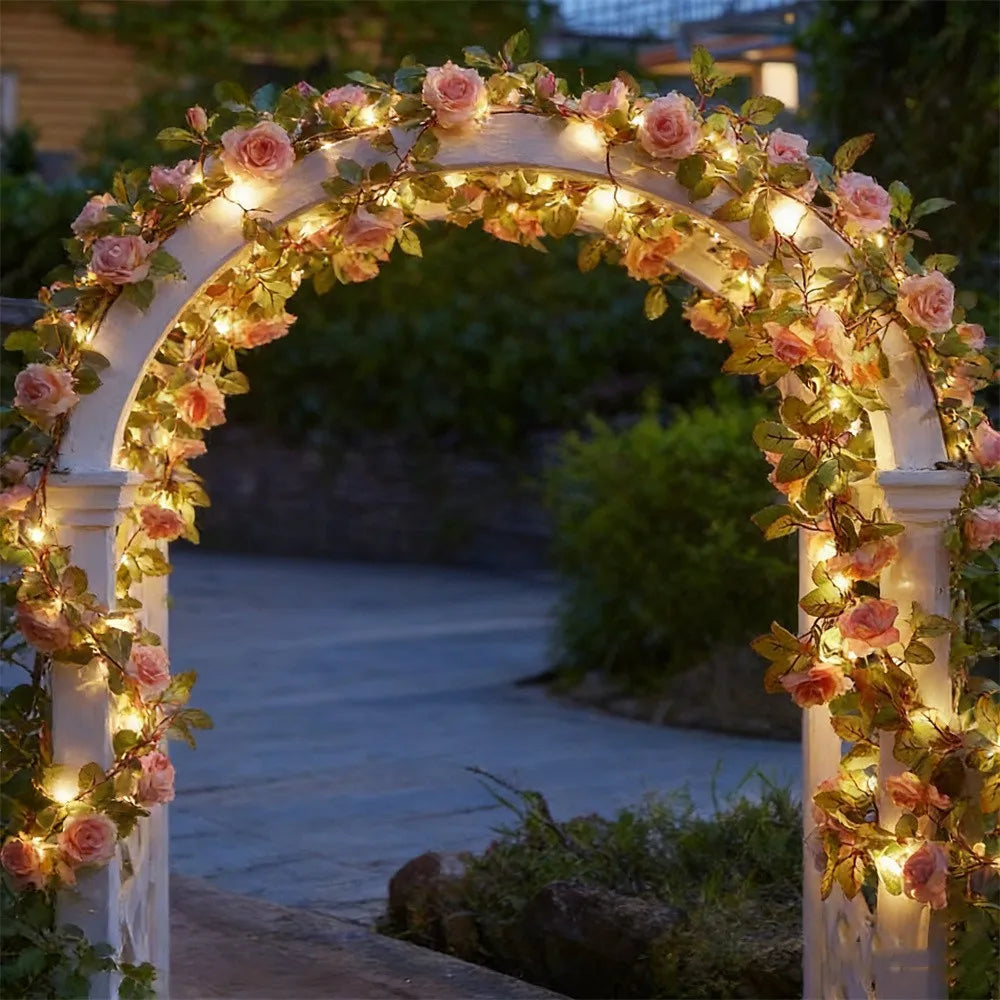 2M 5M LED Rose Flower String Lights Simulation Vine Leaf Fairy Light Christmas Decoration Garland Lamp for Room Wedding Garden