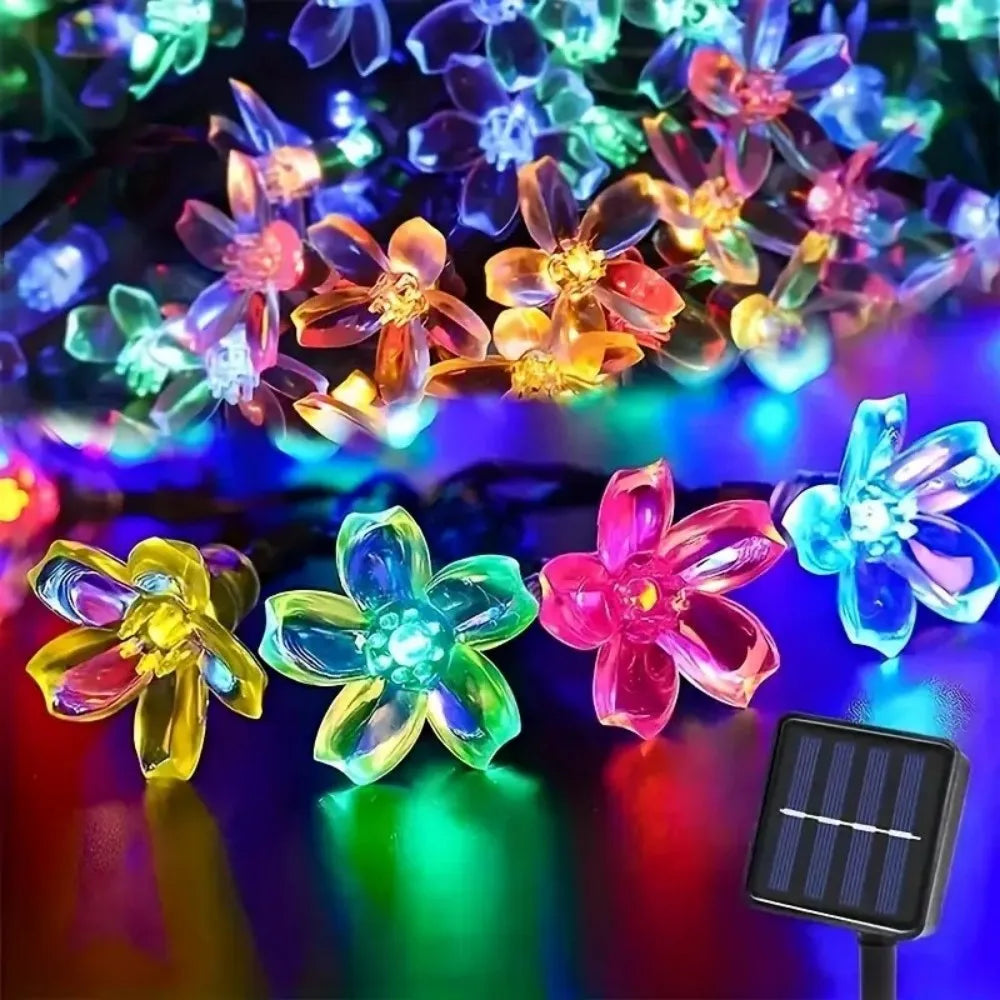Solar Cherry Blossom Outdoor String Lights, Floral LED Fairy Lights for Yard Tree, Balcony, Backyard Landscape Festival Decor