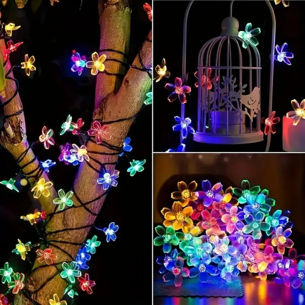 Solar Cherry Blossom Outdoor String Lights, Floral LED Fairy Lights for Yard Tree, Balcony, Backyard Landscape Festival Decor