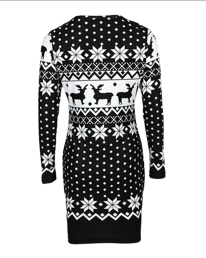 Women's Christmas Mini Dress – Snowflake & Elk Print, Long Sleeve, Skinny A-Line O-Neck, Festive Casual Wear