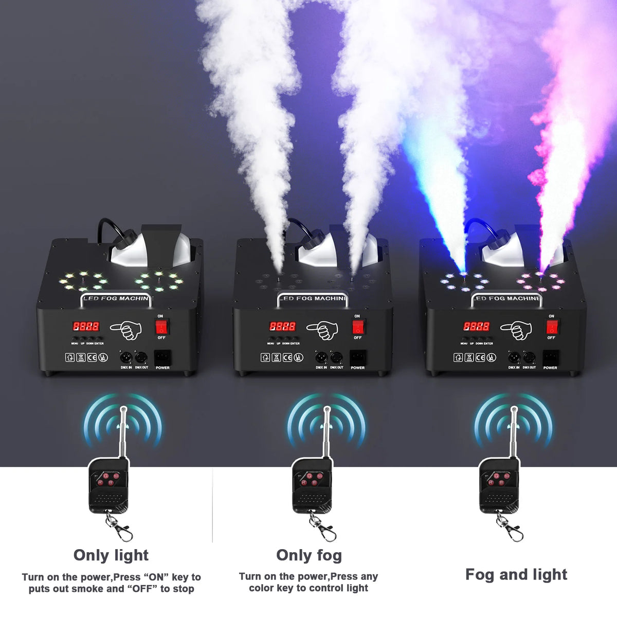 U'King 2000W RGB Fog Machine – Dual-Tube, 3-in-1 LED Color Smoke Effect, DMX512, Remote Control, for DJ, Stage & Weddings, CE Certified