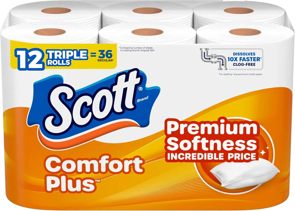 ComfortPlus 1-Ply Toilet Paper – 12 Triple Rolls = 36 Regular Rolls, 231 Sheets, Rapid-Dissolving, Septic-Safe