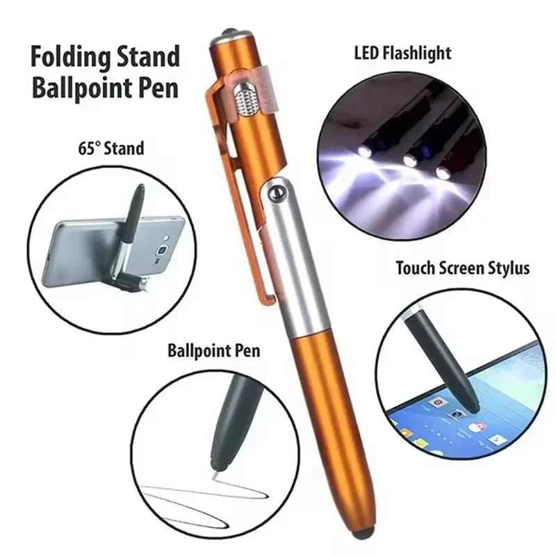 Multifunction 4-in-1 Foldable Ballpoint Pen Stylus (Flashlight + Support) for Tablet Cellphone