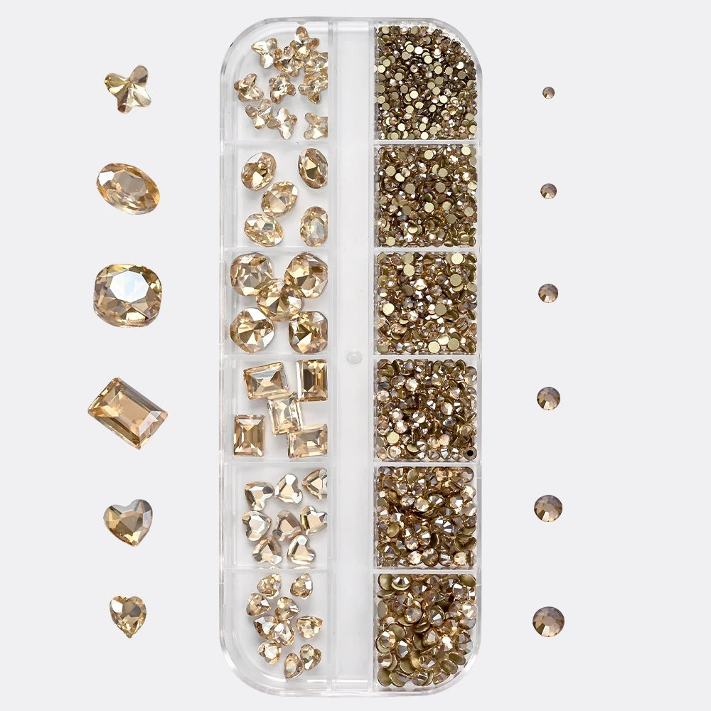 12 Grids 3D Champagne Nail Art Rhinestones Mixed Round,Fat Square,Heart,Butterfly Glass Diamond Nail Charms DIY Manicure Decor *